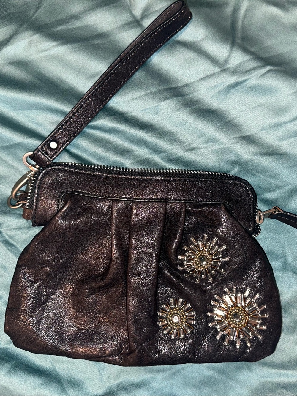 Fossil Y2K Leather Wristlet Clutch with Gold Crystal Embellishments
